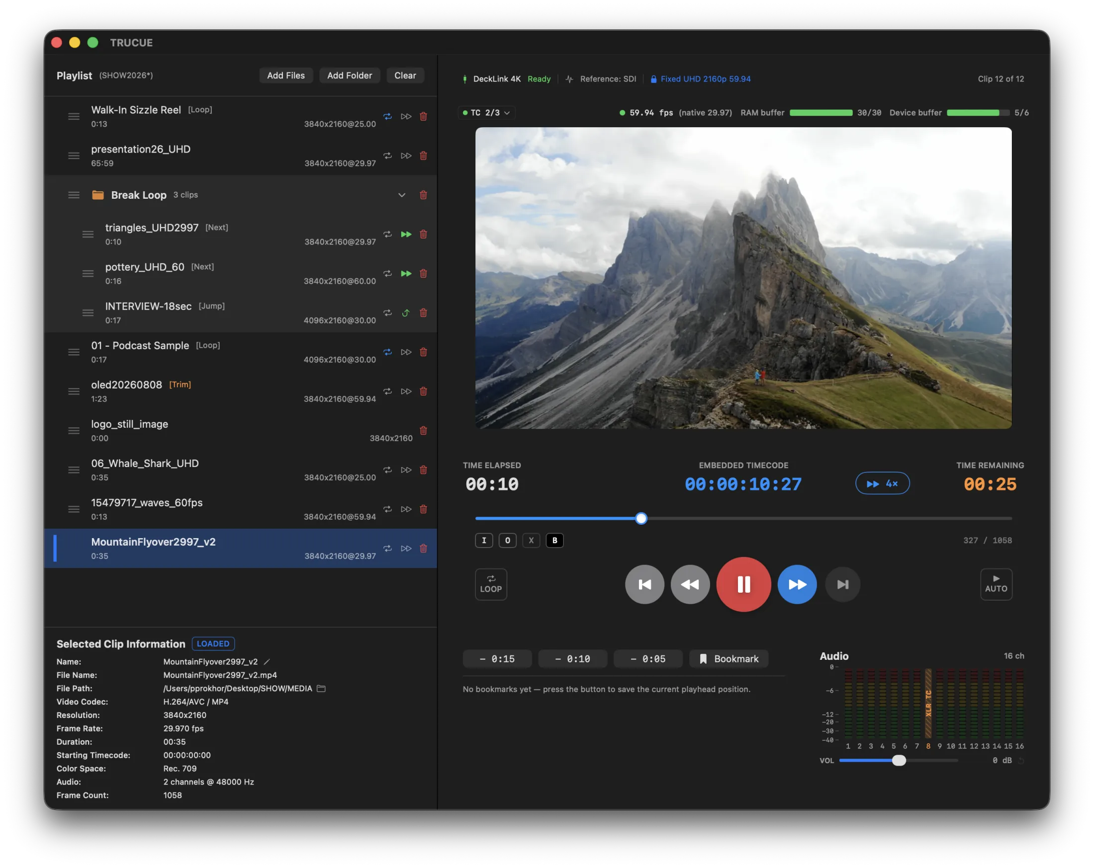 TRUCUE locked to a DeckLink 4K at UHD 2160p59.94 with SDI reference, shuttling a clip at 4× with RAM and device buffer readouts full