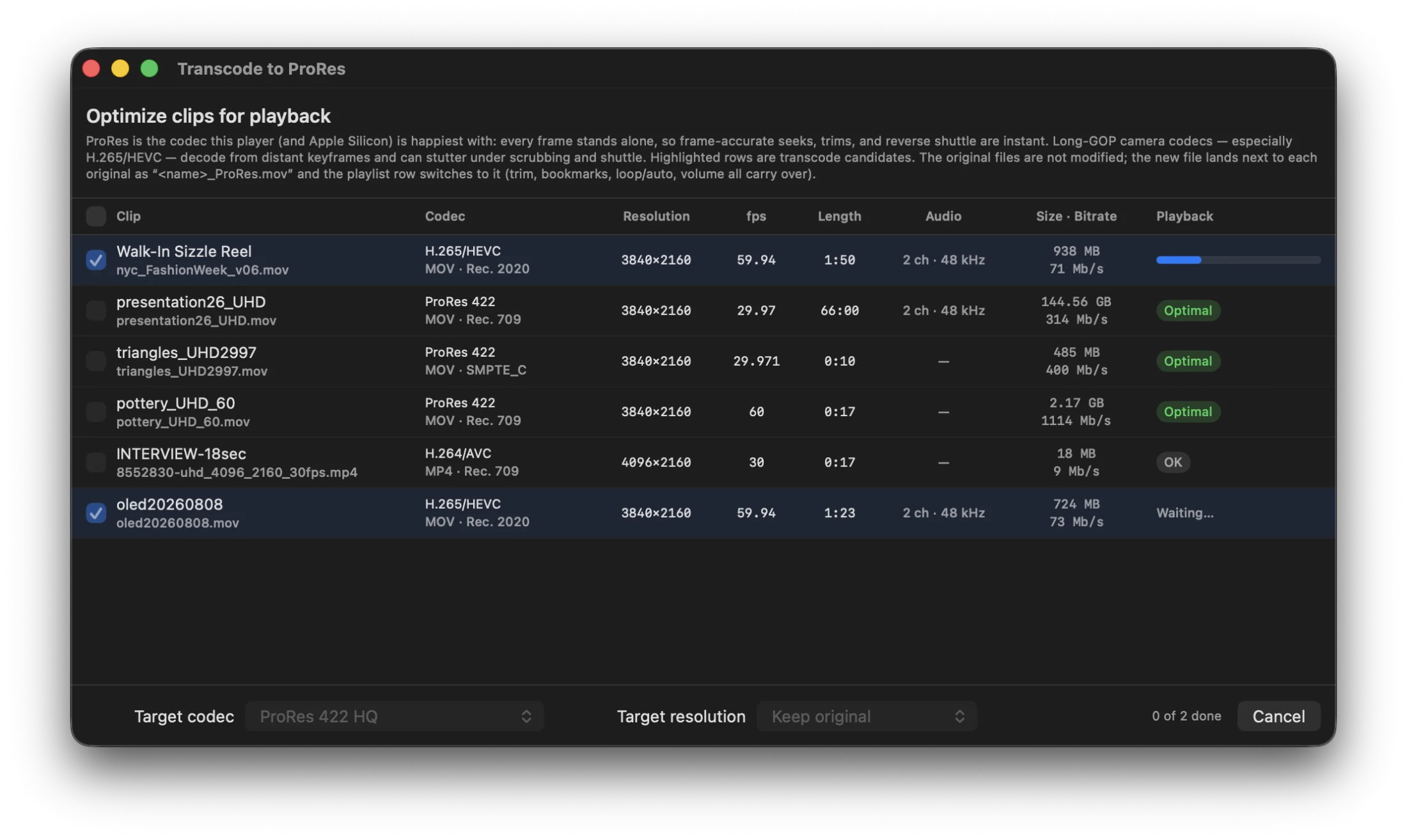TRUCUE Transcode to ProRes window: playlist clips with codec health ratings, H.265 clips pre-selected and converting with progress bars, target codec ProRes 422 HQ
